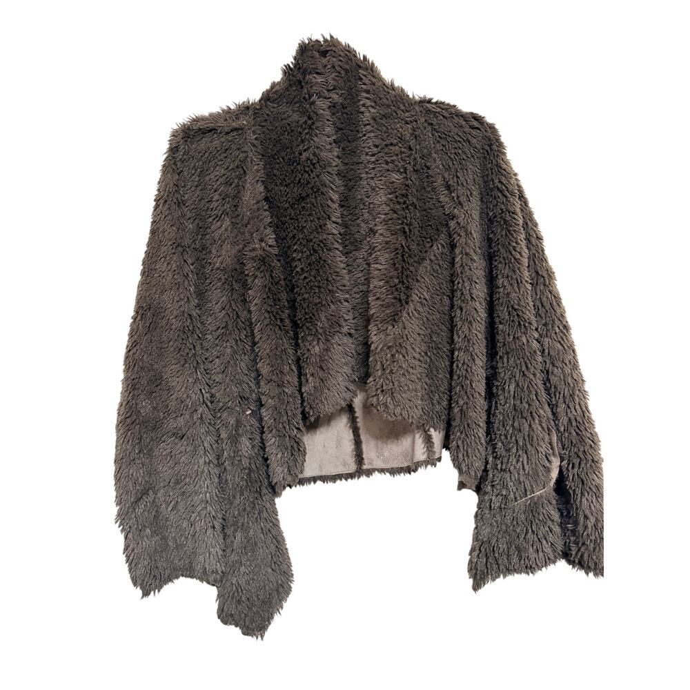 Fever Faux Fur Open Front Jacket L Brown Sherpa Lined Asymmetrical Hem Cozy - Picture 8 of 11